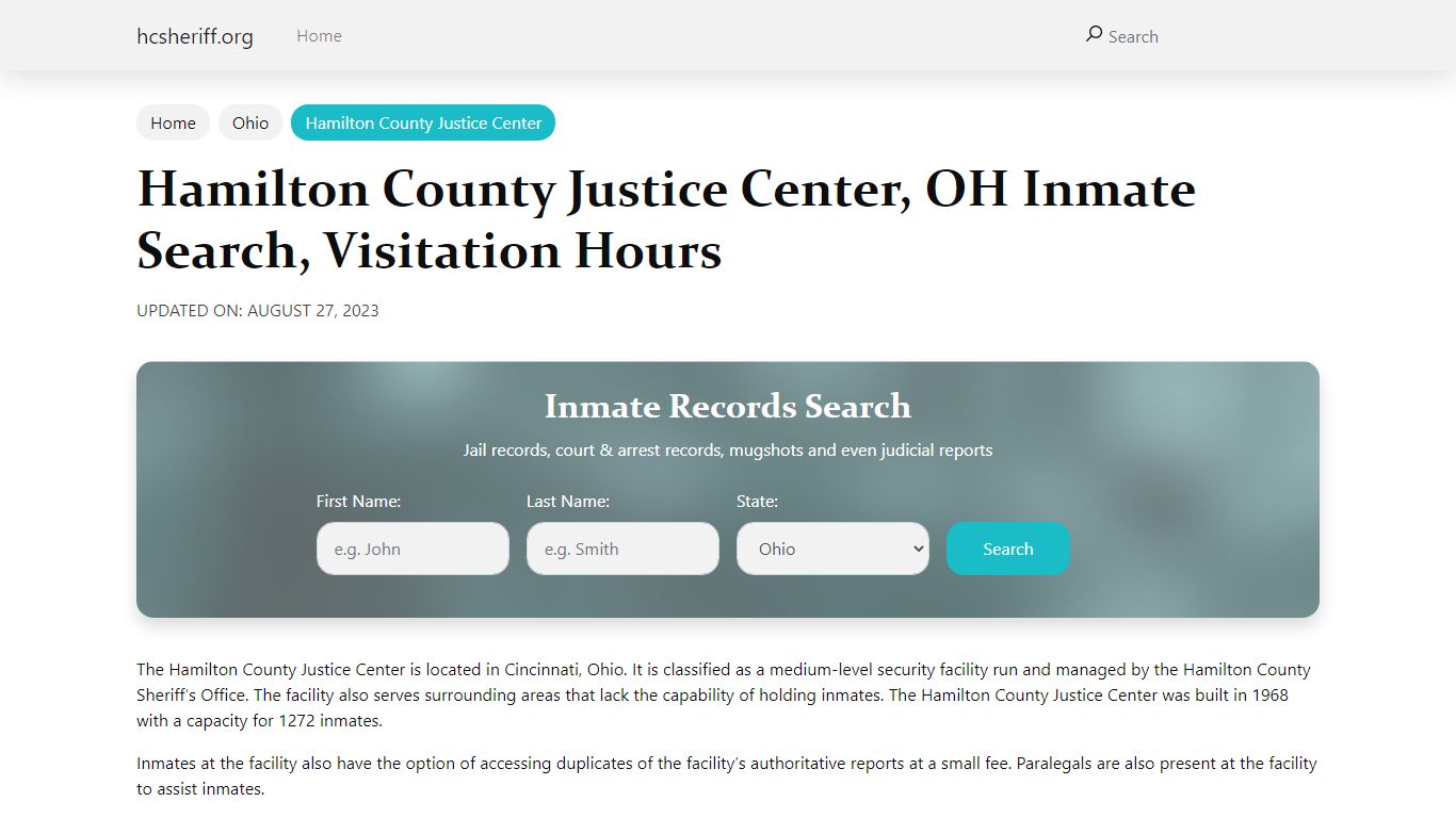 Hamilton County Justice Center, OH Inmate Search, Visitation Hours